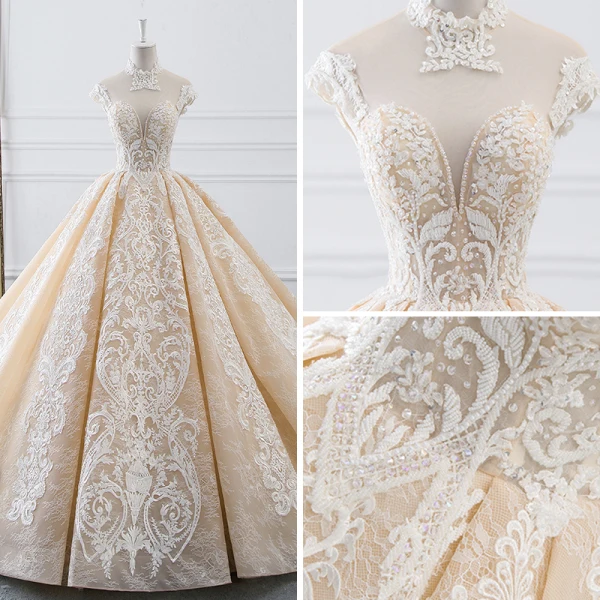 Luxury / Gorgeous Champagne See-through Wedding Dresses 2019 Ball Gown High Neck Sleeveless Backless Appliques Lace Beading Cathedral Train Ruffle