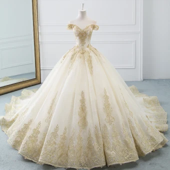 Luxury Gorgeous Champagne Wedding Dresses 2019 A Line Princess Off The Shoulder Short Sleeve Backless Gold Appliques Lace Beading Cathedral Train Ruffle