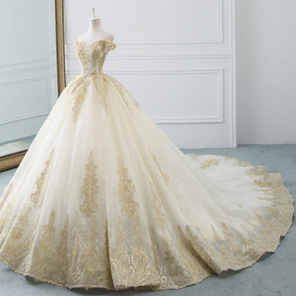 Luxury / Gorgeous Champagne Wedding Dresses 2019 A-Line / Princess Off-The-Shoulder Short Sleeve Backless Gold Appliques Lace Beading Cathedral Train Ruffle