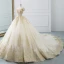 Luxury / Gorgeous Champagne Wedding Dresses 2019 A-Line / Princess Off-The-Shoulder Short Sleeve Backless Gold Appliques Lace Beading Cathedral Train Ruffle