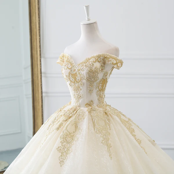 Luxury / Gorgeous Champagne Wedding Dresses 2019 A-Line / Princess Off-The-Shoulder Short Sleeve Backless Gold Appliques Lace Beading Cathedral Train Ruffle