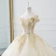Luxury / Gorgeous Champagne Wedding Dresses 2019 A-Line / Princess Off-The-Shoulder Short Sleeve Backless Gold Appliques Lace Beading Cathedral Train Ruffle