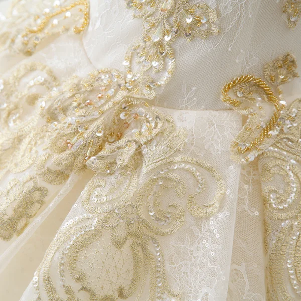 Luxury / Gorgeous Champagne Wedding Dresses 2019 A-Line / Princess Off-The-Shoulder Short Sleeve Backless Gold Appliques Lace Beading Cathedral Train Ruffle