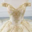 Luxury / Gorgeous Champagne Wedding Dresses 2019 A-Line / Princess Off-The-Shoulder Short Sleeve Backless Gold Appliques Lace Beading Cathedral Train Ruffle