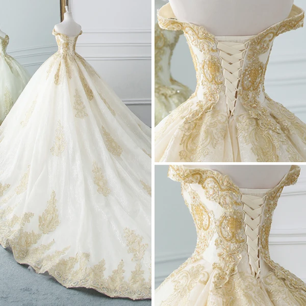 Luxury / Gorgeous Champagne Wedding Dresses 2019 A-Line / Princess Off-The-Shoulder Short Sleeve Backless Gold Appliques Lace Beading Cathedral Train Ruffle