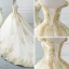 Luxury / Gorgeous Champagne Wedding Dresses 2019 A-Line / Princess Off-The-Shoulder Short Sleeve Backless Gold Appliques Lace Beading Cathedral Train Ruffle