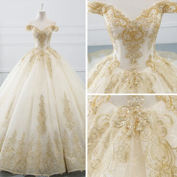 Luxury / Gorgeous Champagne Wedding Dresses 2019 A-Line / Princess Off-The-Shoulder Short Sleeve Backless Gold Appliques Lace Beading Cathedral Train Ruffle
