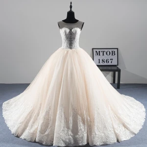 Illusion Champagne Transparentes Robe De Mariée 2019 Princesse Encolure Dégagée Sans Manches Appliques En Dentelle Perlage Perle Chapel Train Volants