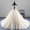 Illusion Champagne See-through Wedding Dresses 2019 A-Line / Princess Scoop Neck Sleeveless Appliques Lace Beading Pearl Chapel Train Ruffle