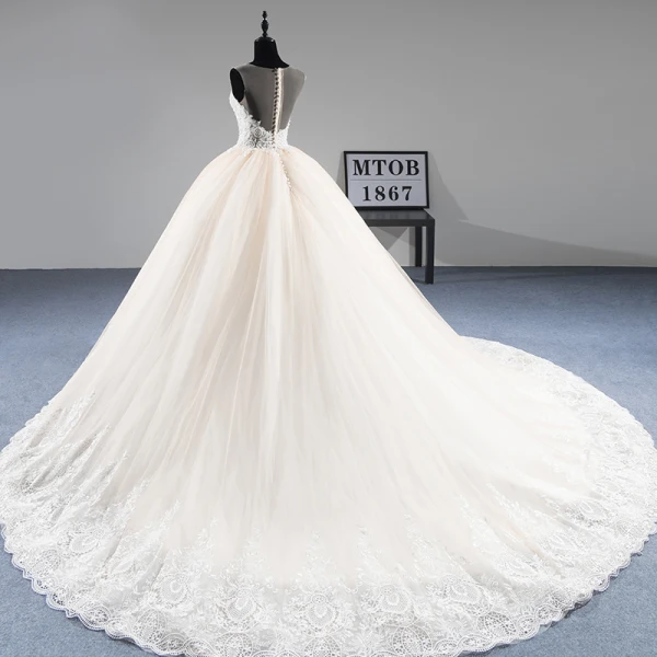 Illusion Champagne See-through Wedding Dresses 2019 A-Line / Princess Scoop Neck Sleeveless Appliques Lace Beading Pearl Chapel Train Ruffle