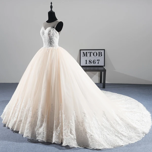 Illusion Champagne See-through Wedding Dresses 2019 A-Line / Princess Scoop Neck Sleeveless Appliques Lace Beading Pearl Chapel Train Ruffle