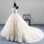 Illusion Champagne See-through Wedding Dresses 2019 A-Line / Princess Scoop Neck Sleeveless Appliques Lace Beading Pearl Chapel Train Ruffle