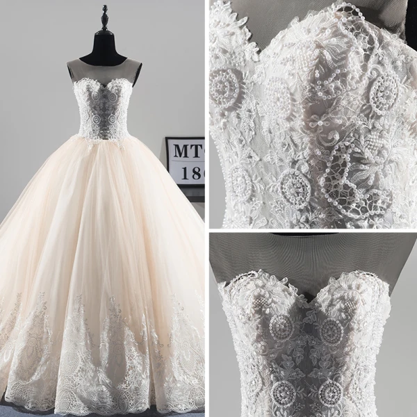 Illusion Champagne See-through Wedding Dresses 2019 A-Line / Princess Scoop Neck Sleeveless Appliques Lace Beading Pearl Chapel Train Ruffle