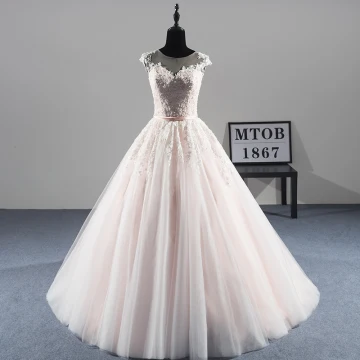 Chic Champagne Transparentes Robe De Mariée 2019 Princesse Encolure Dégagée Sans Manches Ceinture Appliques En Dentelle Perlage Perle Tribunal Train Volants