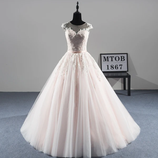 Chic Champagne Transparentes Robe De Mariée 2019 Princesse Encolure Dégagée Sans Manches Ceinture Appliques En Dentelle Perlage Perle Tribunal Train Volants