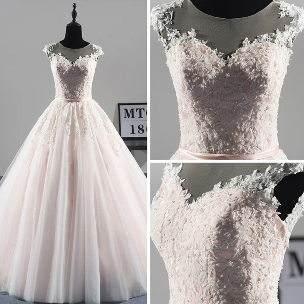 Chic Champagne Transparentes Robe De Mariée 2019 Princesse Encolure Dégagée Sans Manches Ceinture Appliques En Dentelle Perlage Perle Tribunal Train Volants