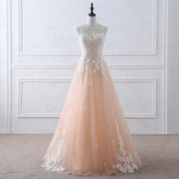 Romantic Champagne See-through Wedding Dresses 2019 A-Line / Princess Scoop Neck Sleeveless Appliques Lace Beading Floor-Length / Long Ruffle