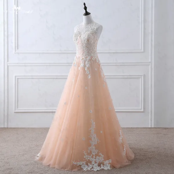 Romantic Champagne See-through Wedding Dresses 2019 A-Line / Princess Scoop Neck Sleeveless Appliques Lace Beading Floor-Length / Long Ruffle