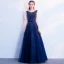 Sparkly Navy Blue Prom Dresses 2017 A-Line / Princess Scoop Neck Sleeveless Appliques Lace Bow Sash Rhinestone Floor-Length / Long Backless Formal Dresses