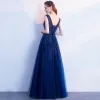 Sparkly Navy Blue Prom Dresses 2017 A-Line / Princess Scoop Neck Sleeveless Appliques Lace Bow Sash Rhinestone Floor-Length / Long Backless Formal Dresses