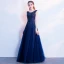 Sparkly Navy Blue Prom Dresses 2017 A-Line / Princess Scoop Neck Sleeveless Appliques Lace Bow Sash Rhinestone Floor-Length / Long Backless Formal Dresses