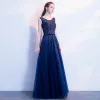 Sparkly Navy Blue Prom Dresses 2017 A-Line / Princess Scoop Neck Sleeveless Appliques Lace Bow Sash Rhinestone Floor-Length / Long Backless Formal Dresses