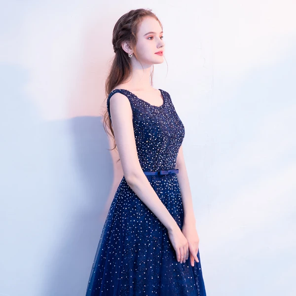 Sparkly Navy Blue Prom Dresses 2017 A-Line / Princess Scoop Neck Sleeveless Appliques Lace Bow Sash Rhinestone Floor-Length / Long Backless Formal Dresses