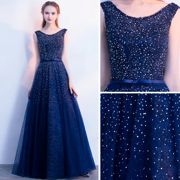Sparkly Navy Blue Prom Dresses 2017 A-Line / Princess Scoop Neck Sleeveless Appliques Lace Bow Sash Rhinestone Floor-Length / Long Backless Formal Dresses