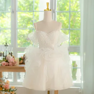 Charming Beige Beading Cascading Ruffles Short Party Dresses 2024 Ball Gown Spaghetti Straps Short Sleeve Backless Formal Dresses