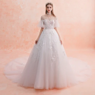 Meilleur Ivoire Robe De Mariée 2019 Princesse De L Épaule Manches Courtes Dos Nu Appliques En Dentelle Perlage Chapel Train Volants