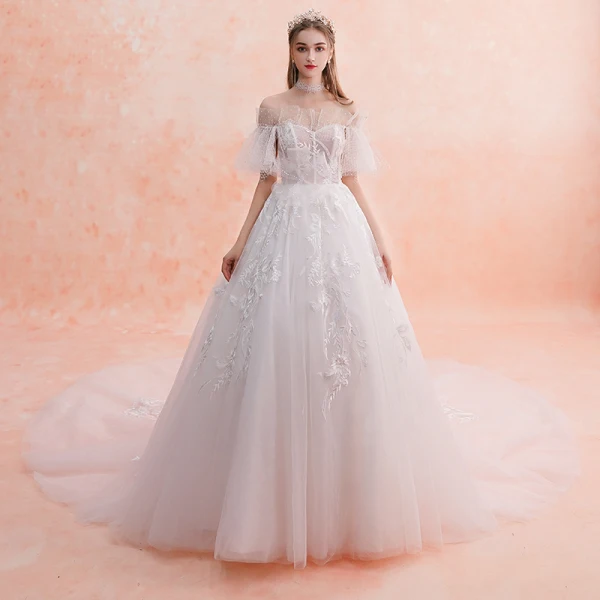 Best Ivory Wedding Dresses 2019 A-Line / Princess Off-The-Shoulder Short Sleeve Backless Appliques Lace Beading Chapel Train Ruffle