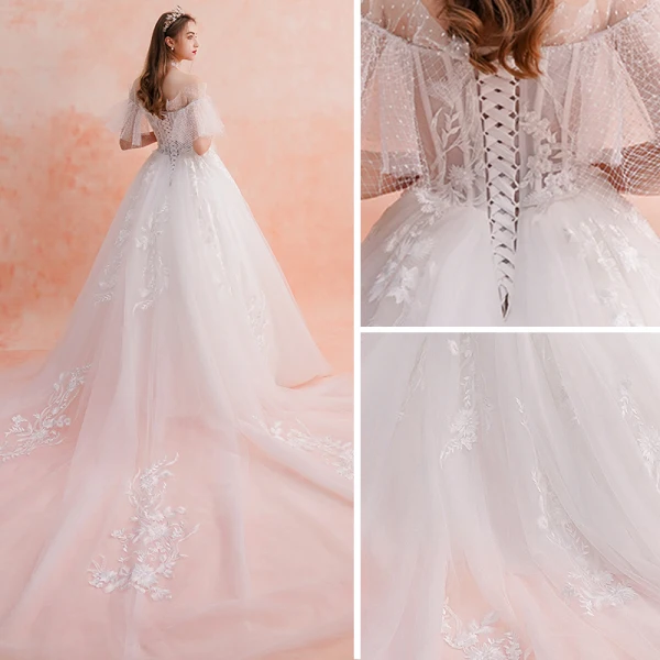 Meilleur Ivoire Robe De Mariée 2019 Princesse De l'épaule Manches Courtes Dos Nu Appliques En Dentelle Perlage Chapel Train Volants