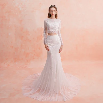 2 Piece Ivory Beach Lace Wedding Dresses 2019 Trumpet Mermaid Square Neckline Long Sleeve Appliques Lace Court Train Ruffle