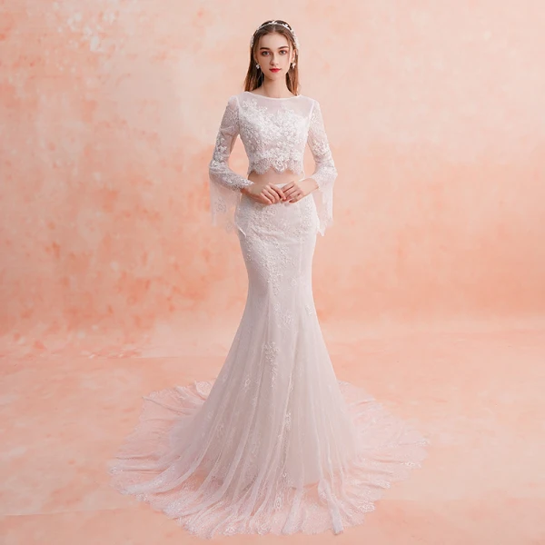 2 Piece Ivory Beach Lace Wedding Dresses 2019 Trumpet / Mermaid Square Neckline Long Sleeve Appliques Lace Court Train Ruffle
