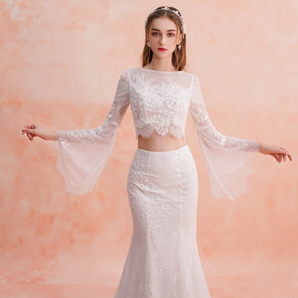 2 Piece Ivory Beach Lace Wedding Dresses 2019 Trumpet / Mermaid Square Neckline Long Sleeve Appliques Lace Court Train Ruffle