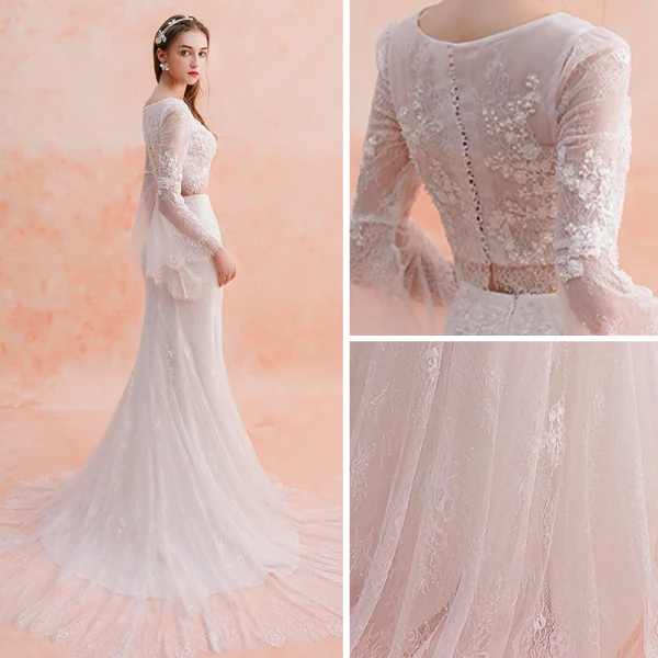 2 Piece Ivory Beach Lace Wedding Dresses 2019 Trumpet / Mermaid Square Neckline Long Sleeve Appliques Lace Court Train Ruffle