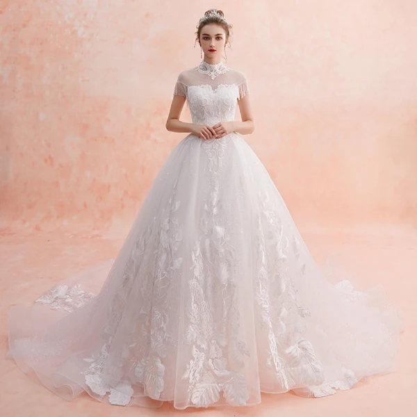 Chinese style Ivory See-through Wedding Dresses 2019 A-Line / Princess High Neck Short Sleeve Backless Appliques Lace Beading Tassel Glitter Tulle Cathedral Train Ruffle