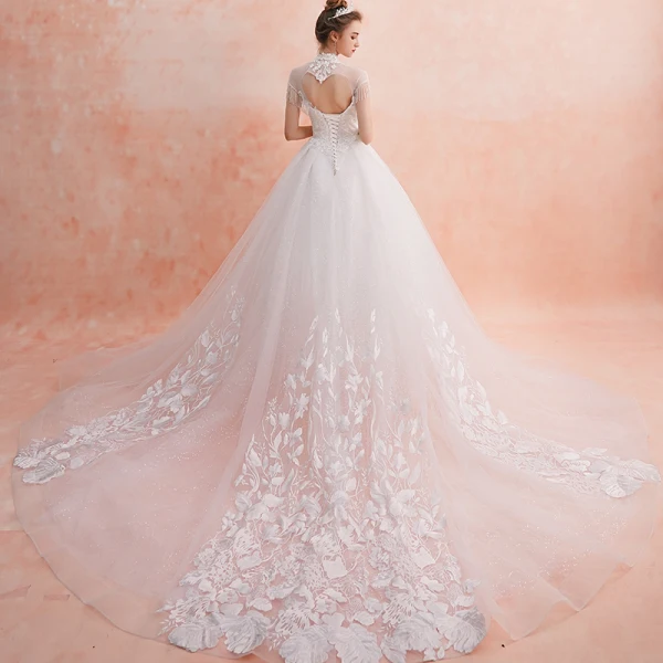 Chinese style Ivory See-through Wedding Dresses 2019 A-Line / Princess High Neck Short Sleeve Backless Appliques Lace Beading Tassel Glitter Tulle Cathedral Train Ruffle