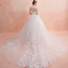 Chinese style Ivory See-through Wedding Dresses 2019 A-Line / Princess High Neck Short Sleeve Backless Appliques Lace Beading Tassel Glitter Tulle Cathedral Train Ruffle