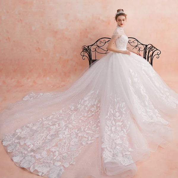 Chinese style Ivory See-through Wedding Dresses 2019 A-Line / Princess High Neck Short Sleeve Backless Appliques Lace Beading Tassel Glitter Tulle Cathedral Train Ruffle