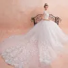 Chinese style Ivory See-through Wedding Dresses 2019 A-Line / Princess High Neck Short Sleeve Backless Appliques Lace Beading Tassel Glitter Tulle Cathedral Train Ruffle