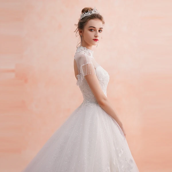 Chinese style Ivory See-through Wedding Dresses 2019 A-Line / Princess High Neck Short Sleeve Backless Appliques Lace Beading Tassel Glitter Tulle Cathedral Train Ruffle