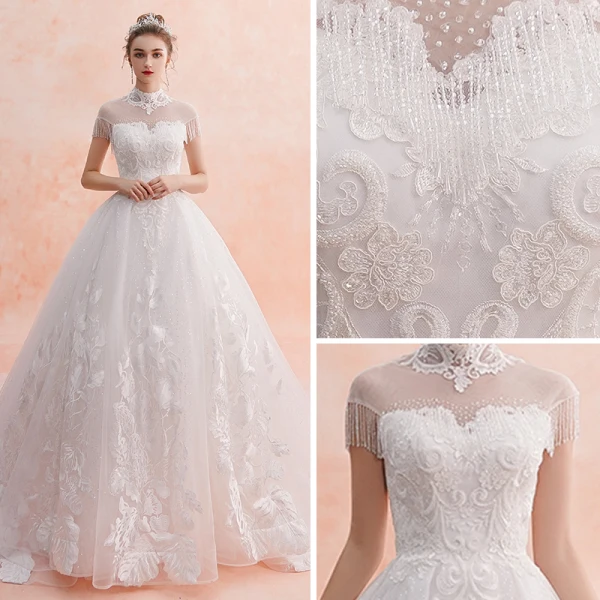 Chinese style Ivory See-through Wedding Dresses 2019 A-Line / Princess High Neck Short Sleeve Backless Appliques Lace Beading Tassel Glitter Tulle Cathedral Train Ruffle