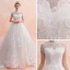 Chinese style Ivory See-through Wedding Dresses 2019 A-Line / Princess High Neck Short Sleeve Backless Appliques Lace Beading Tassel Glitter Tulle Cathedral Train Ruffle