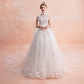 Style Chinois Ivoire Transparentes Robe De Mariée 2019 Princesse Col Haut Sans Manches Dos Nu Appliques Fleur Perlage Glitter Tulle Watteau Train Volants