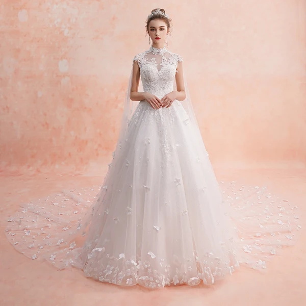 Chinese style Ivory See-through Wedding Dresses 2019 A-Line / Princess High Neck Sleeveless Backless Appliques Flower Beading Glitter Tulle Watteau Train Ruffle