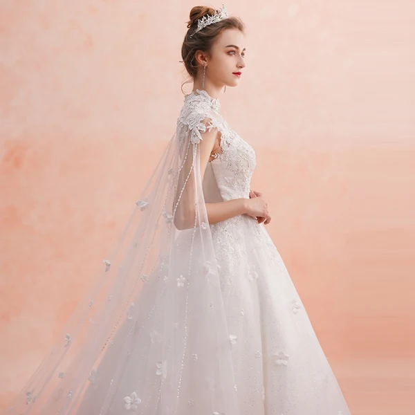 Chinese style Ivory See-through Wedding Dresses 2019 A-Line / Princess High Neck Sleeveless Backless Appliques Flower Beading Glitter Tulle Watteau Train Ruffle