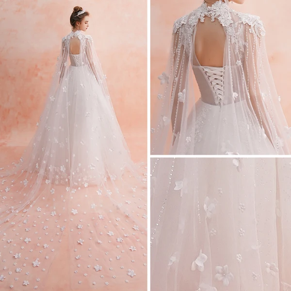 Chinese style Ivory See-through Wedding Dresses 2019 A-Line / Princess High Neck Sleeveless Backless Appliques Flower Beading Glitter Tulle Watteau Train Ruffle