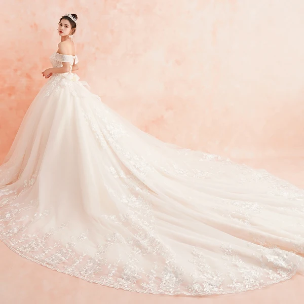 Elegant Ivory Wedding Dresses 2019 A-Line / Princess Off-The-Shoulder Short Sleeve Backless Appliques Lace Beading Cathedral Train Ruffle