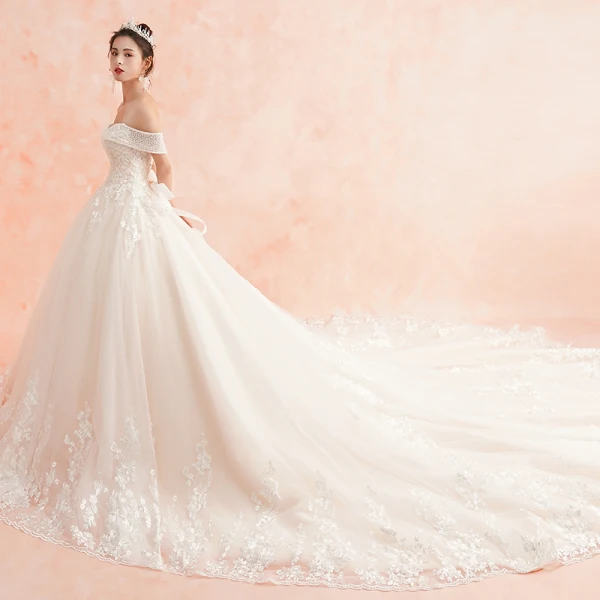 Elegant Ivory Wedding Dresses 2019 A-Line / Princess Off-The-Shoulder Short Sleeve Backless Appliques Lace Beading Cathedral Train Ruffle
